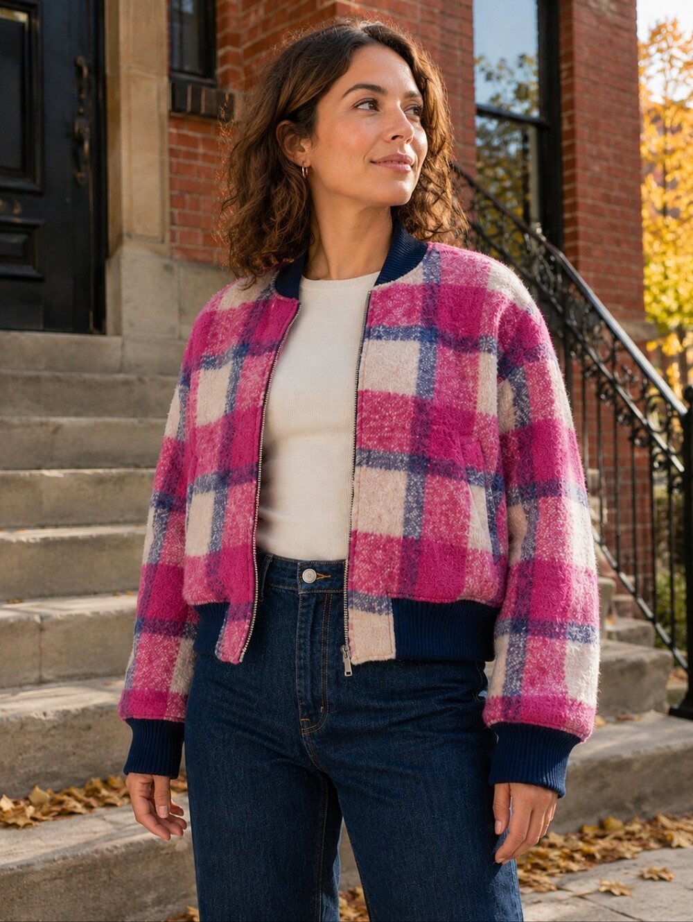 House of Harlow 1960 Pink Plaid Wool Blend Bomber Jacket L
